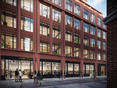 CGI of new office building with retail units on ground floor CGI of new office building with retail units on ground floor