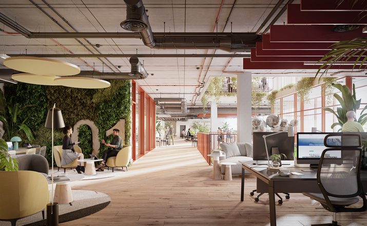 Internal view of office floor with desk, seating and green wall with planting Internal view of office floor with desk, seating and green wall with planting