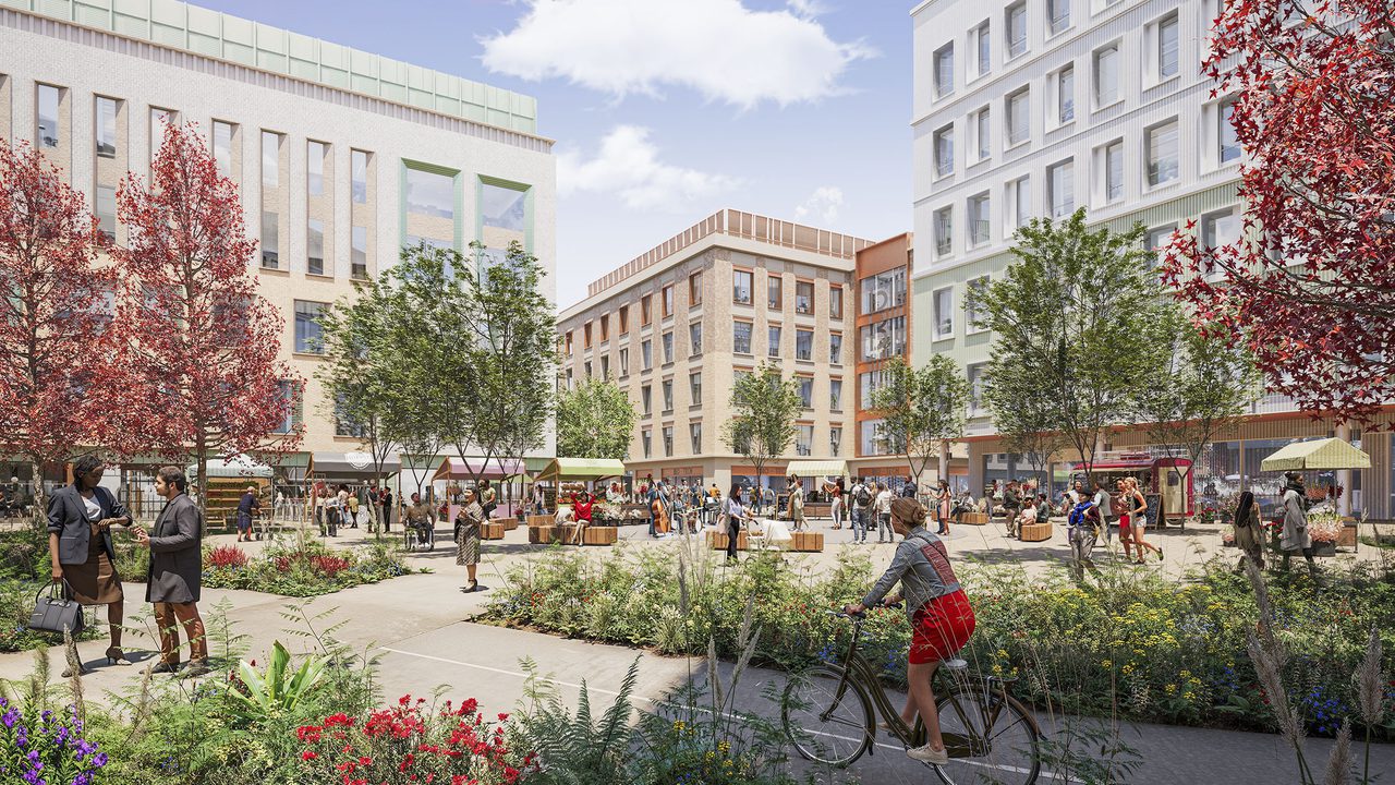 View across new public realm with planting and girl on bicycle View across new public realm with planting and girl on bicycle