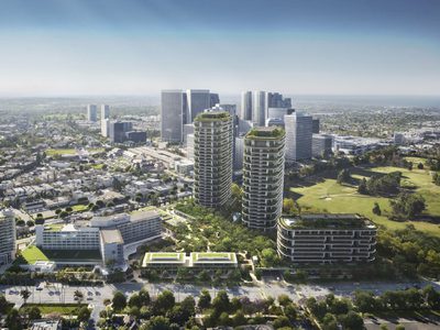 Aerial view of One Beverly Hills development showing apartment blocks Aerial view of One Beverly Hills development showing apartment blocks