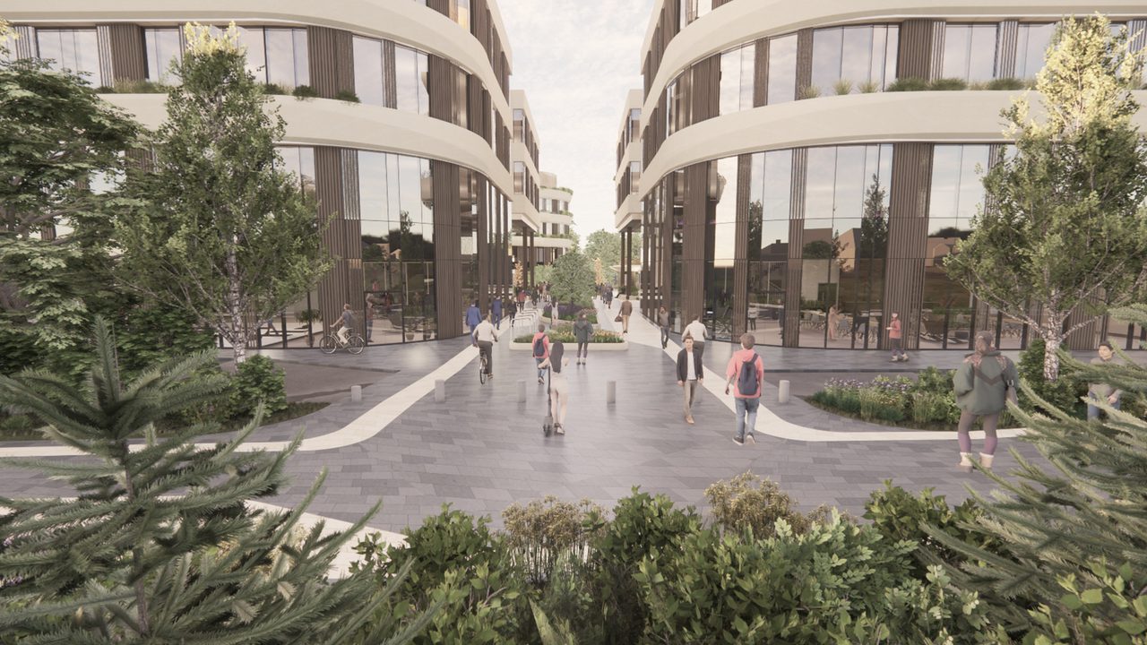 Exterior of new buildings with public realm and planting Exterior of new buildings with public realm and planting