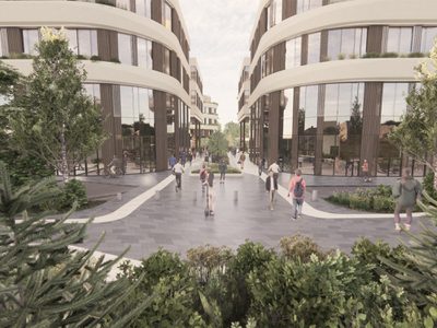 Exterior of new buildings with public realm and planting Exterior of new buildings with public realm and planting