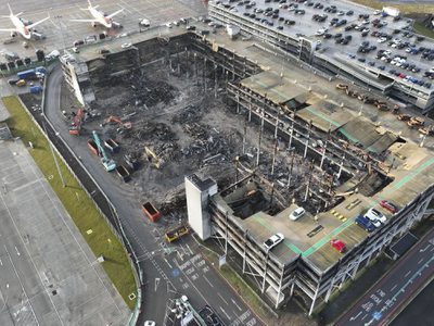 Aerial view of car park at London Luton Airport during rebuild following fire Aerial view of car park at London Luton Airport during rebuild following fire