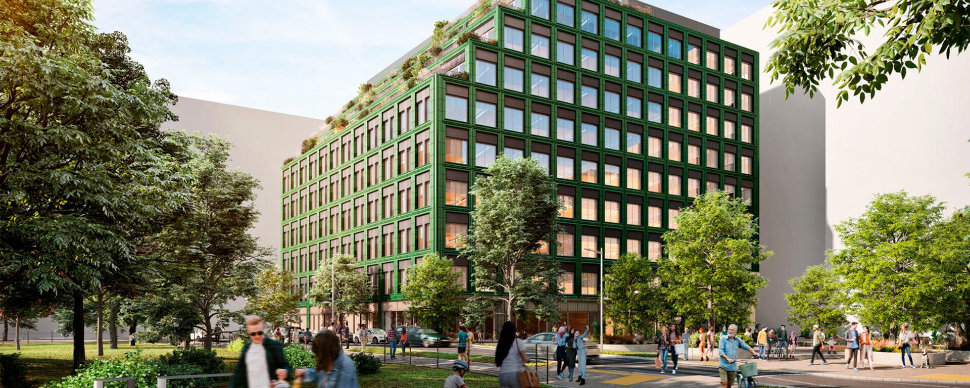 2 Copper Square Brent Cross Town - exterior of building with green cladding and parkland in the foreground 2 Copper Square Brent Cross Town - exterior of building with green cladding and parkland in the foreground