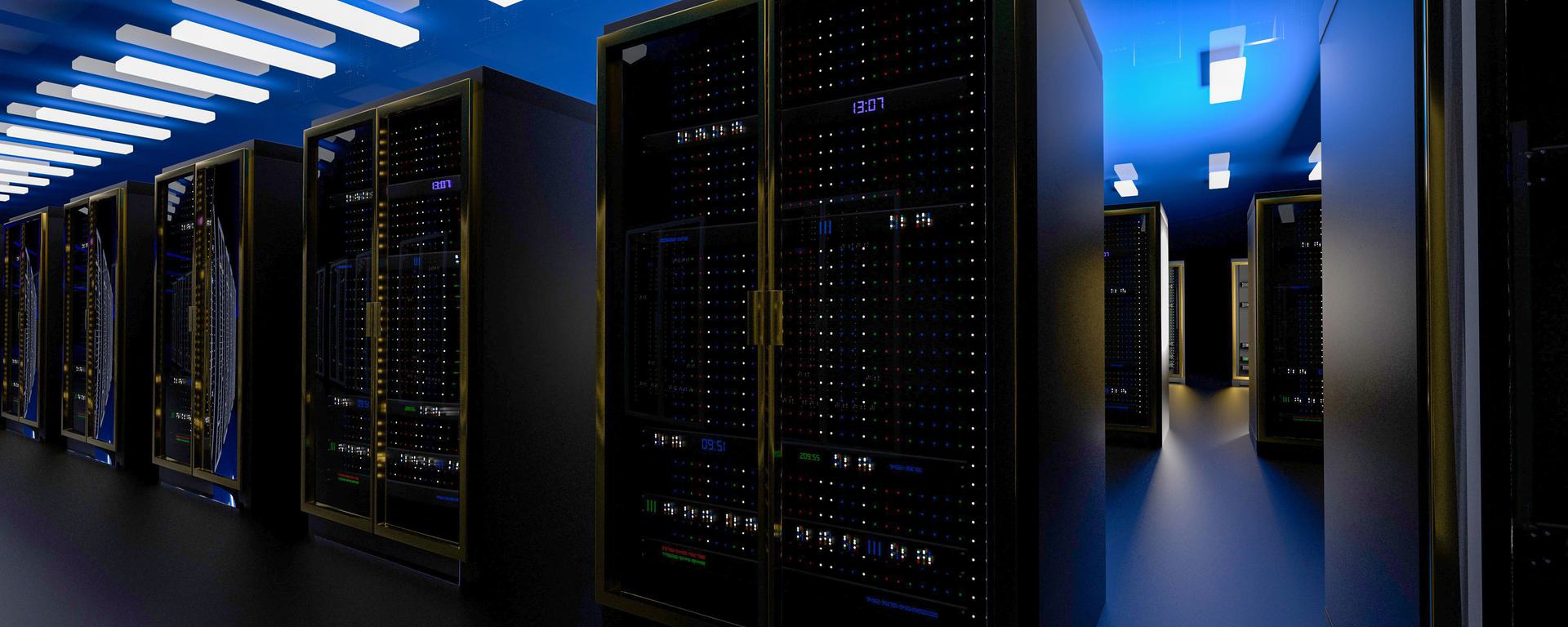 Server room in data centre with mainframe, farm and computer rack