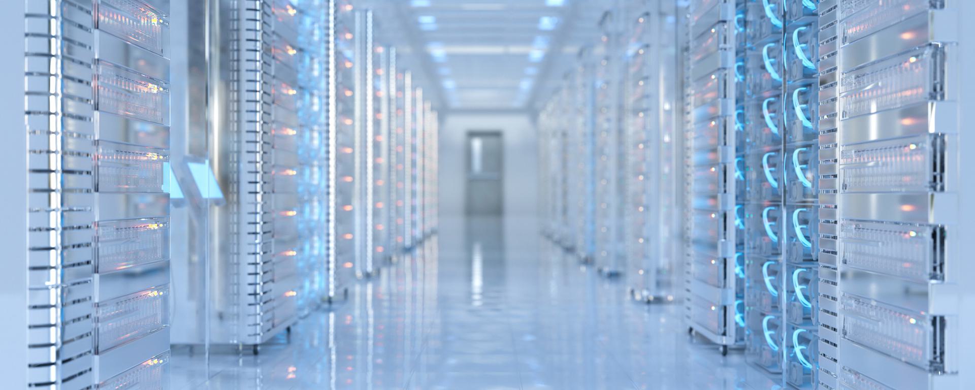 High-tech bright data centre with computers and lights High-tech bright data centre with computers and lights