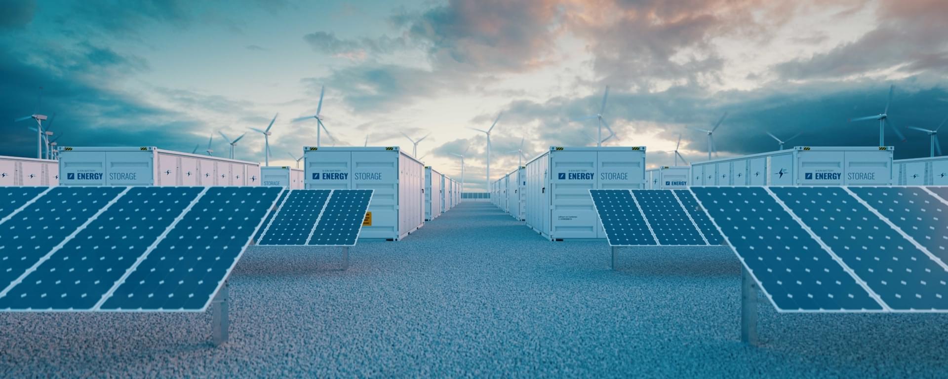 Battery storage power station with solar and wind turbine power plants