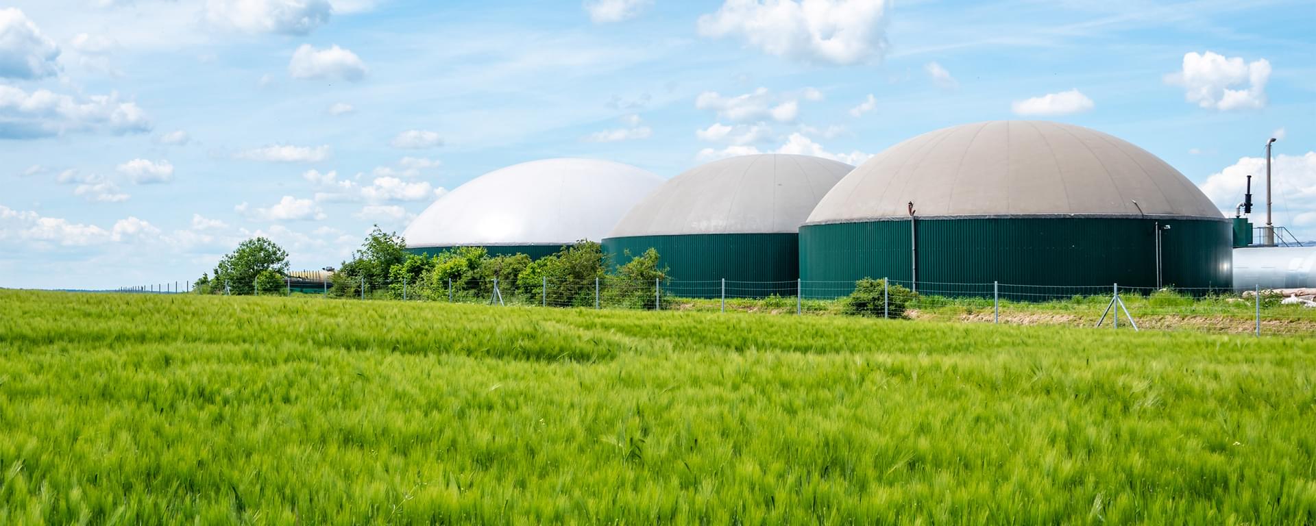 Biogas production plant with white domes in a grassy field