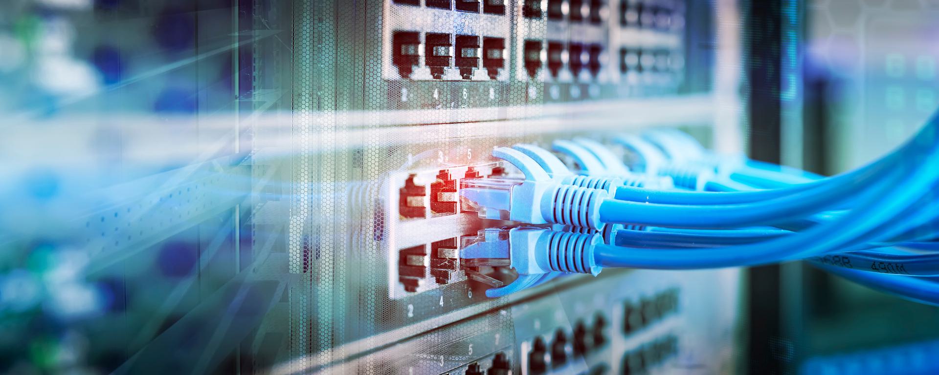 Network panel, switch and cable in data centre