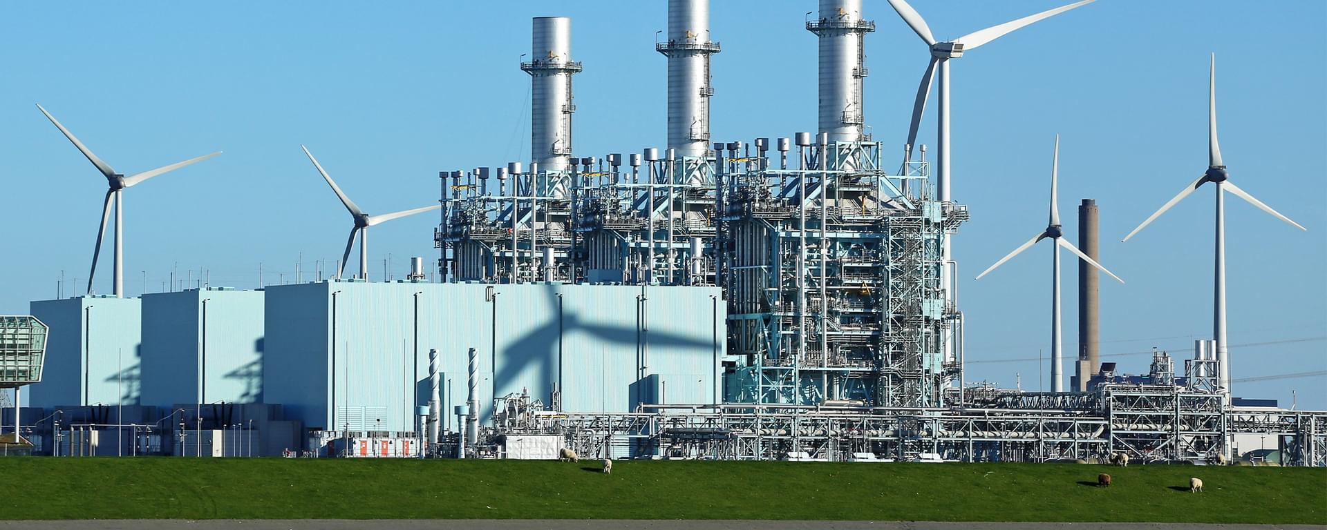 Gas fired power plant with wind turbines