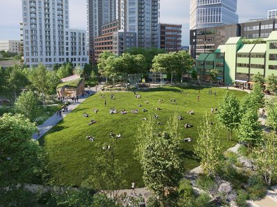 Canada Water public green space with planting and trees Canada Water public green space with planting and trees