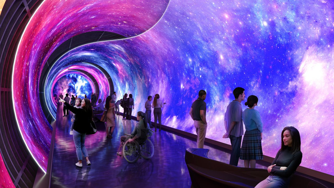 The London Tunnels - pink and purple interactive curved screens The London Tunnels - pink and purple interactive curved screens