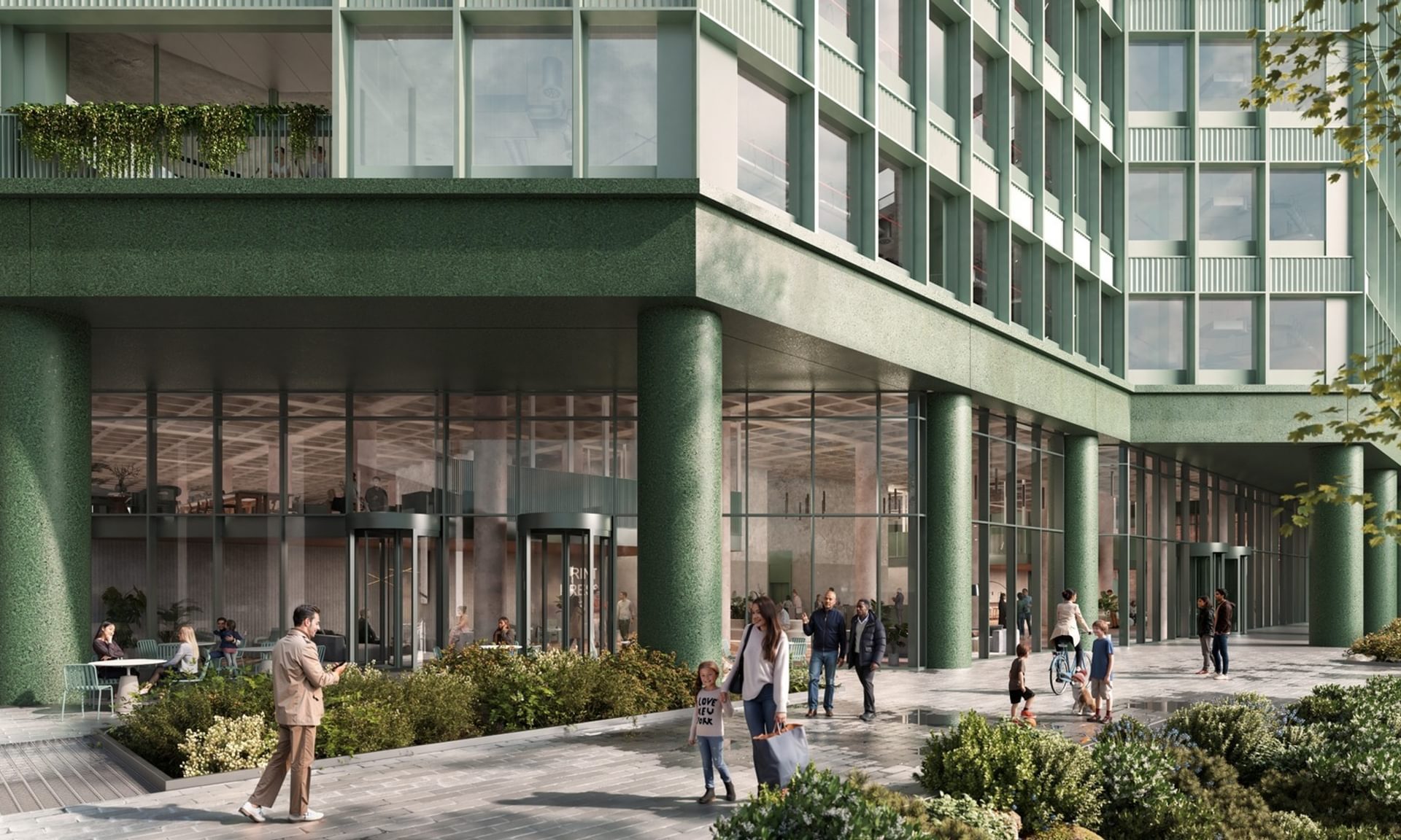 Entrance to building with green columns, public realm and planting Entrance to building with green columns, public realm and planting