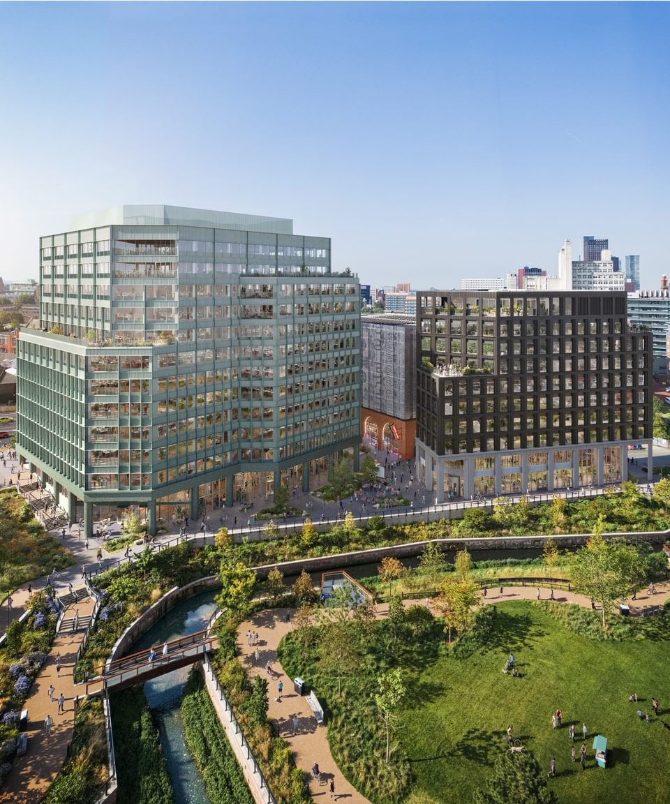 Aerial view of new building overlooking park Aerial view of new building overlooking park