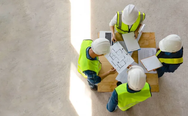 Construction workers studying floor plans Construction workers studying floor plans