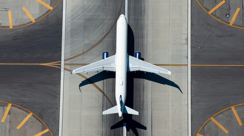 Aerial view of aeroplane on runway
