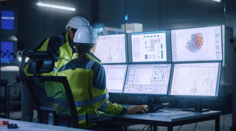 Project engineers using computer with screens showing AI, machine learning enhanced process