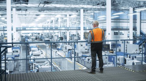 Man with laptop in factory