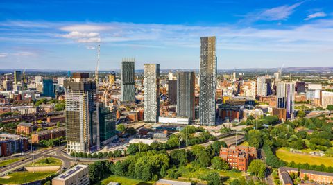Aerial shot of Manchester on a summer day