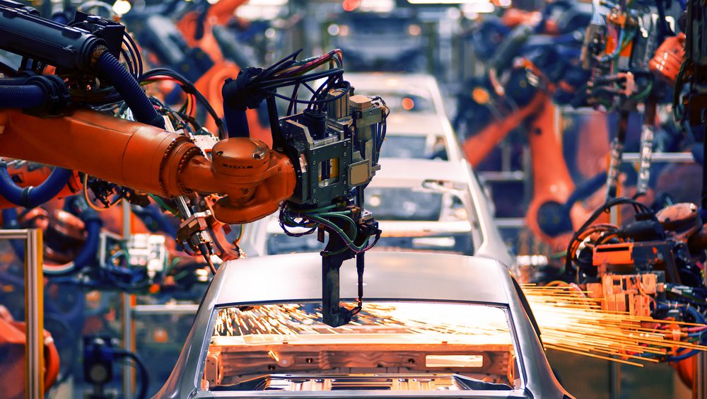 Arm of a car production line in factory